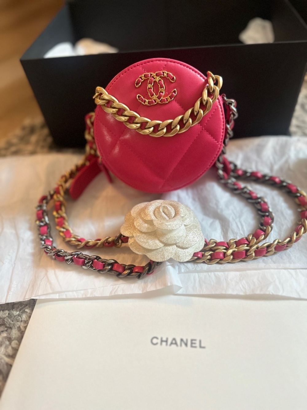 CHANEL Hot Pink Quilted Round Mini Crossbody with Gold Chain - Picture 6 of 16
